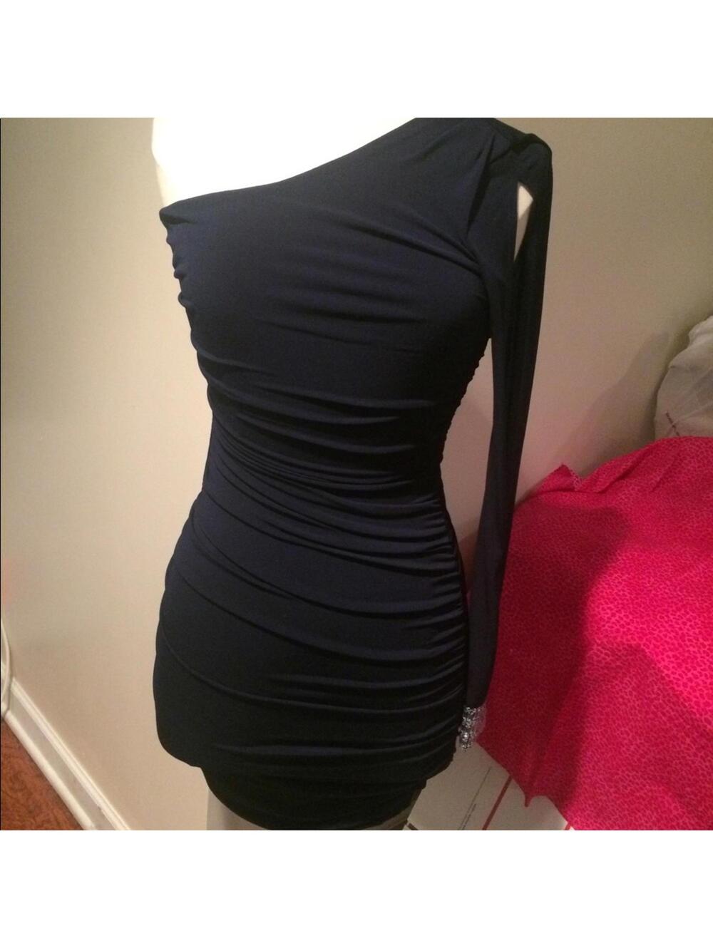 City Elegant One Shoulder Navy-Blue Dress with Rhinestone Cuff Size Small